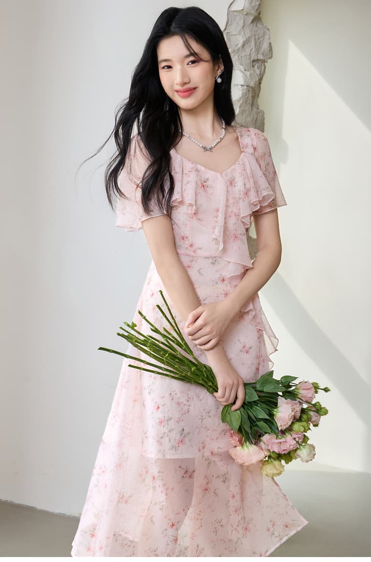 花柄 ファッション 優美フリルデザイン花柄ワンピース