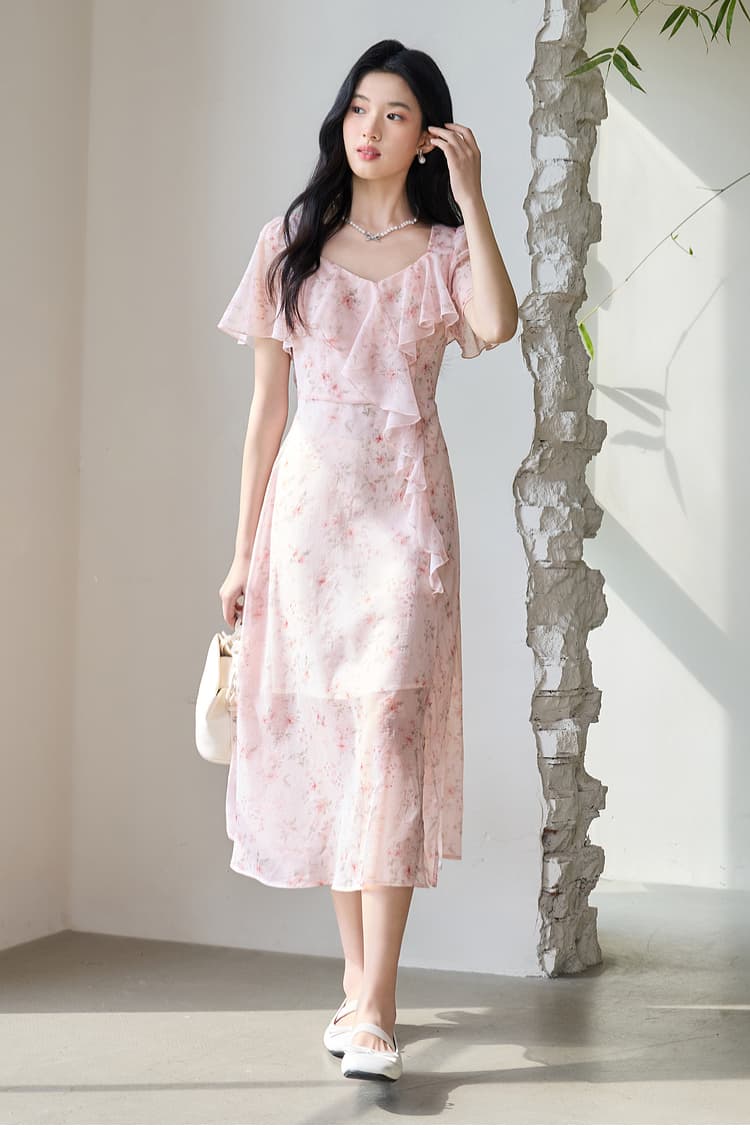 花柄 ファッション 優美フリルデザイン花柄ワンピース