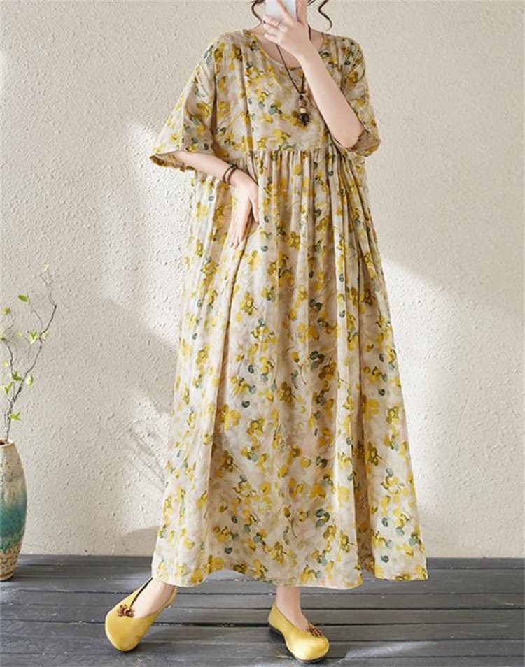 花柄 ファッション 夏の涼感 花柄レトロ フレアロングワンピース ゆったりサイズ