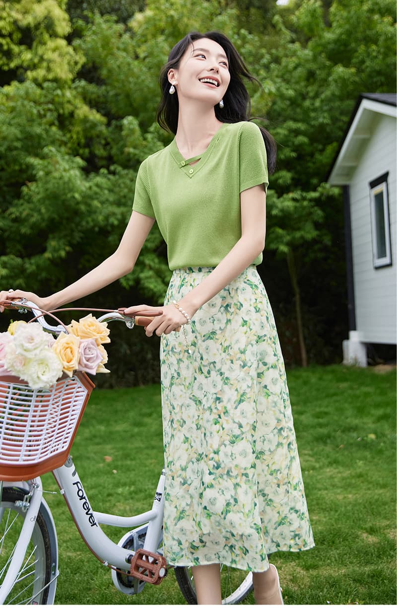 花柄 ファッション 優雅な春風花柄ミディスカート