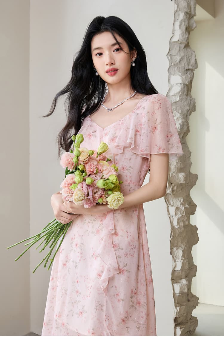 花柄 ファッション 優美フリルデザイン花柄ワンピース