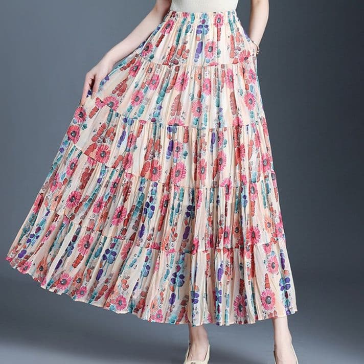 花柄 ファッション 花咲くプリーツマキシスカート