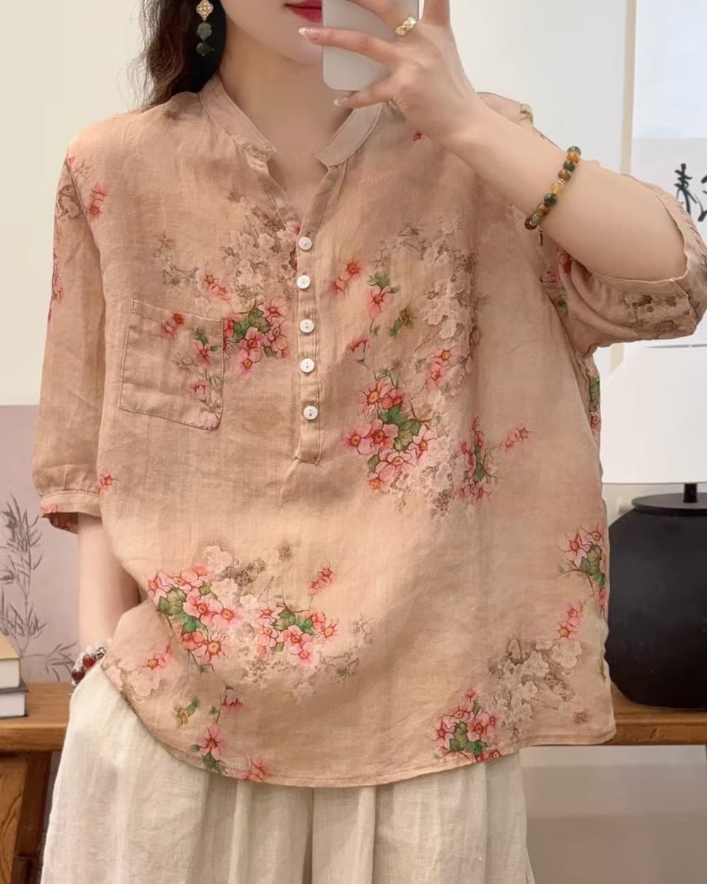 花柄 ファッション 水彩画風 七分袖シアーブラウス