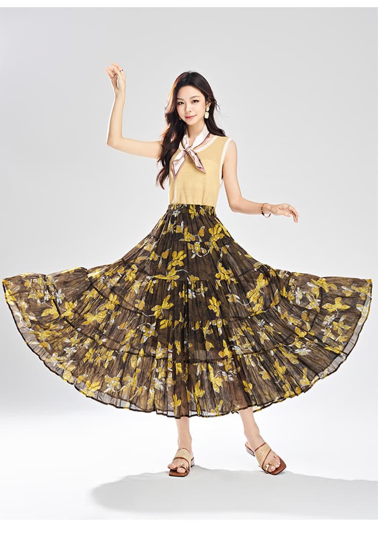 花柄 ファッション 花咲くプリーツマキシスカート