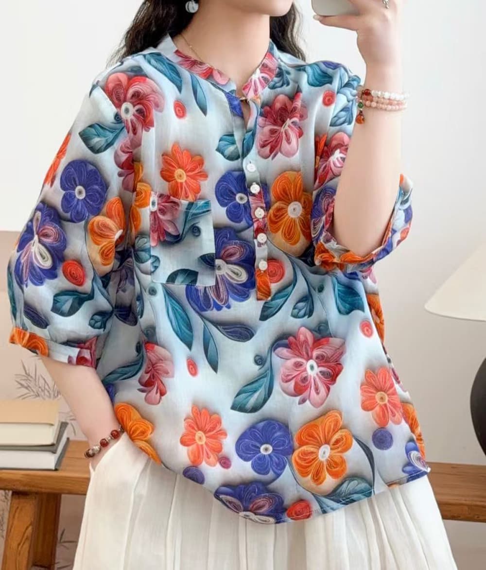 花柄 ファッション 水彩画風 七分袖シアーブラウス