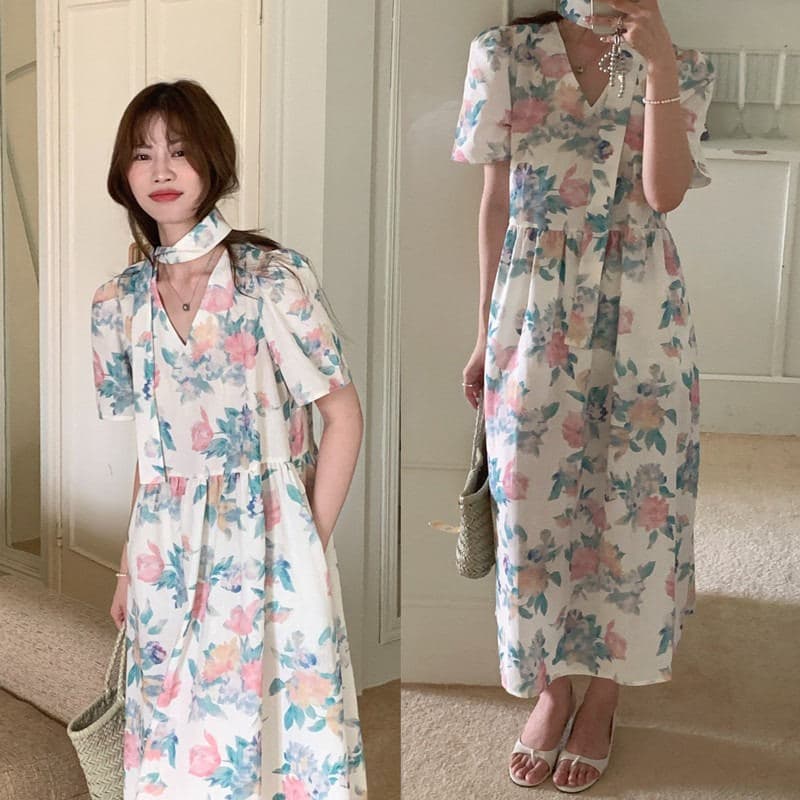 花柄 ファッション 2025年夏 水彩花柄 スカーフ付きワンピース