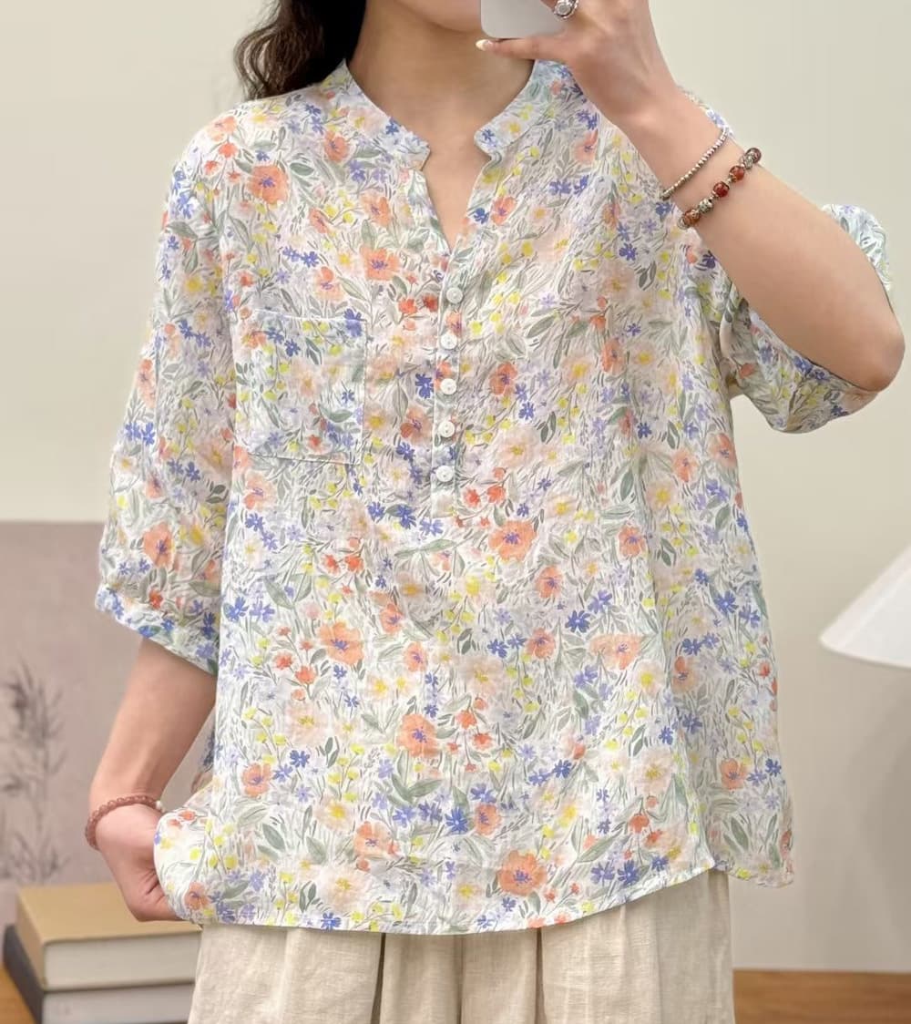 花柄 ファッション 水彩画風 七分袖シアーブラウス