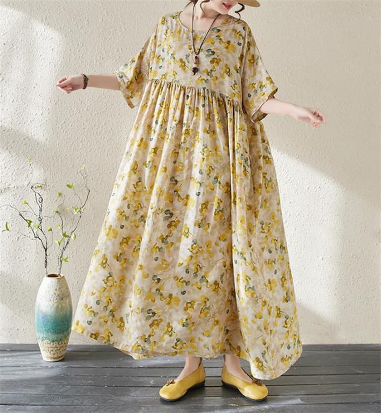 花柄 ファッション 夏の涼感 花柄レトロ フレアロングワンピース ゆったりサイズ