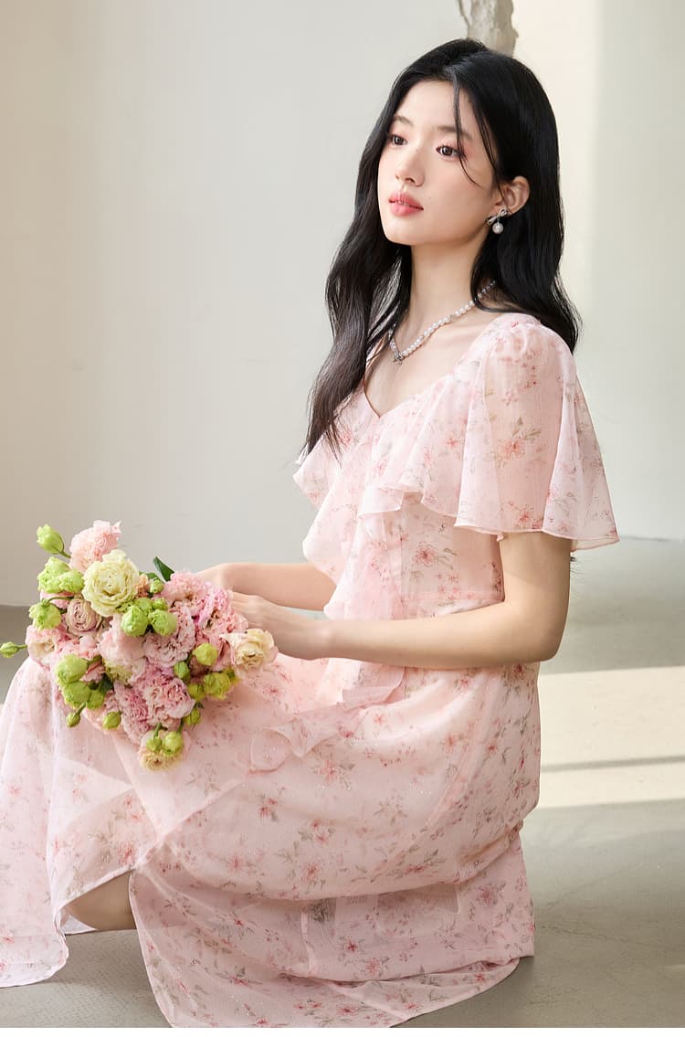花柄 ファッション 優美フリルデザイン花柄ワンピース