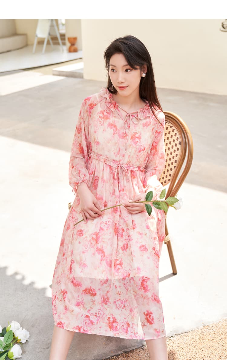 花柄 ファッション 優美な花園フリルネックワンピース
