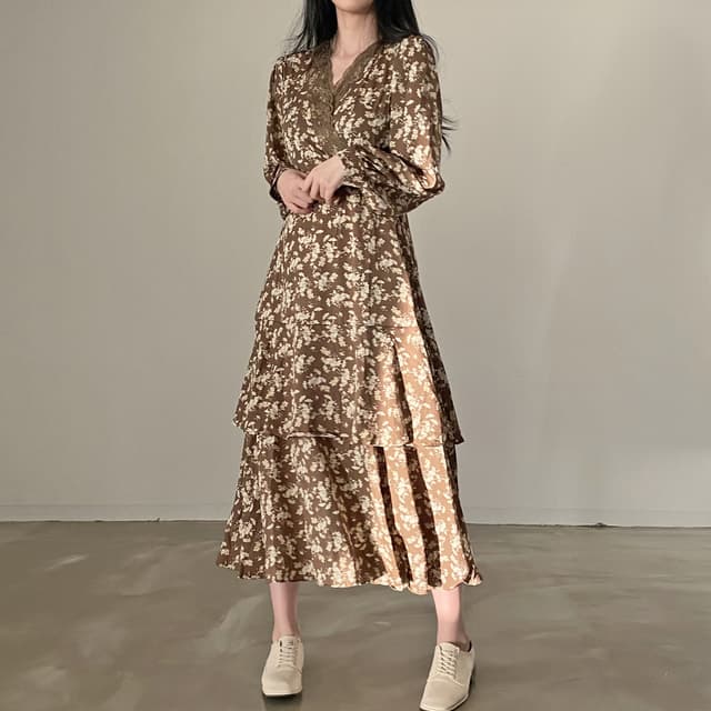 花柄 ファッション 秋色優美 花柄ティアードワンピース