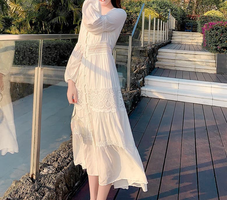 花柄 ファッション 優美レース花柄 ビーチマキシワンピース 夏リゾート向け 白