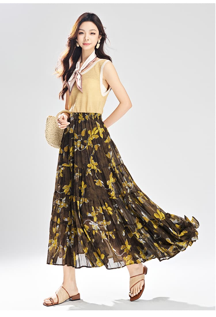 花柄 ファッション 花咲くプリーツマキシスカート