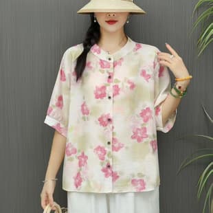 花柄 ファッション 水彩花園 五分袖プルオーバーブラウス