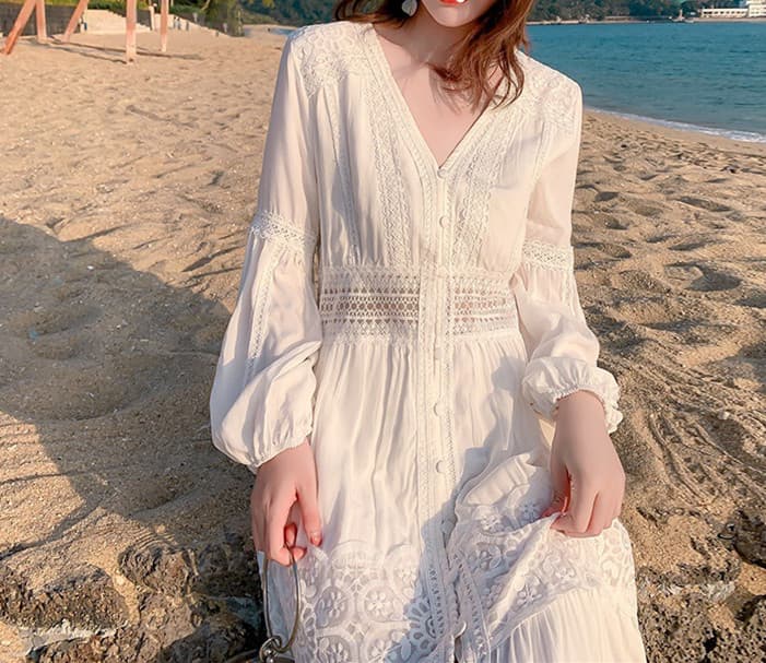 花柄 ファッション 優美レース花柄 ビーチマキシワンピース 夏リゾート向け 白