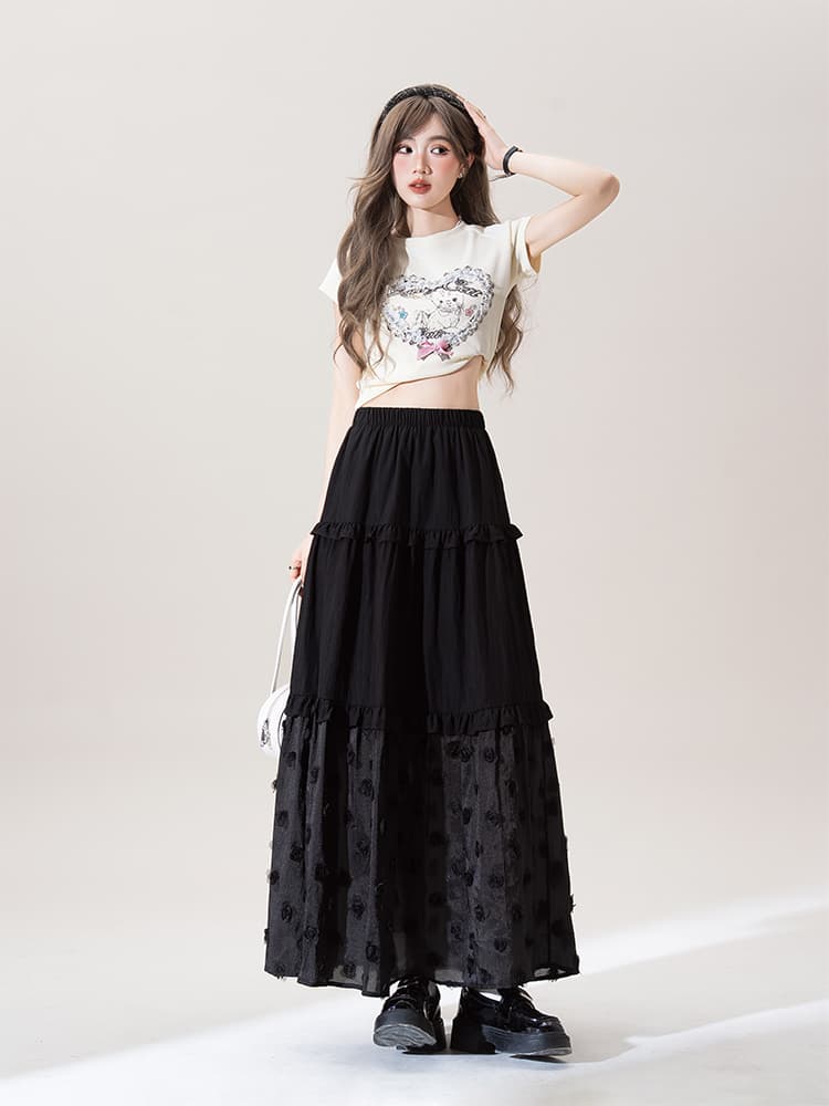 花柄 ファッション ティアード花刺繍ロングスカート