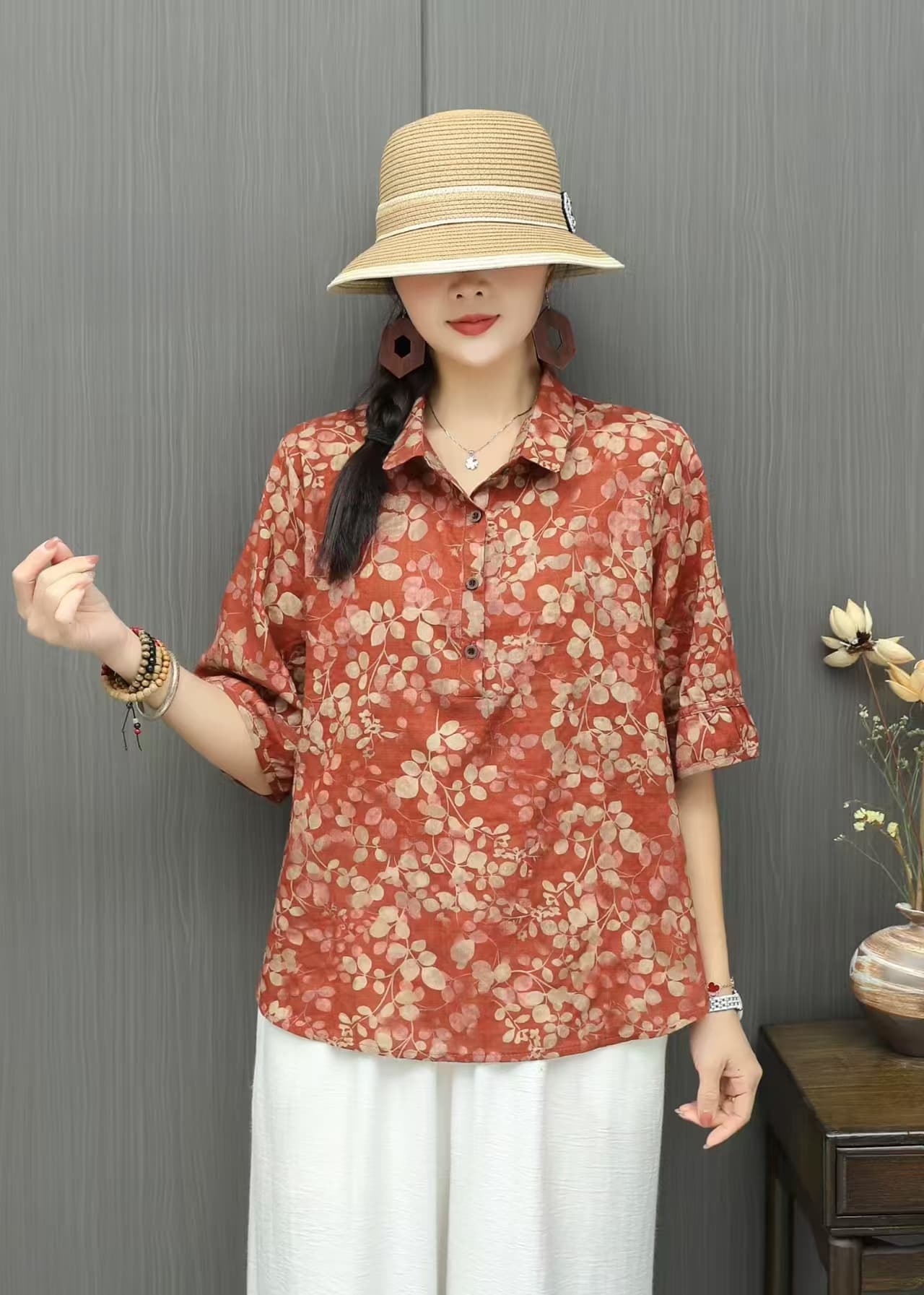 花柄 ファッション 水彩花園 五分袖プルオーバーブラウス
