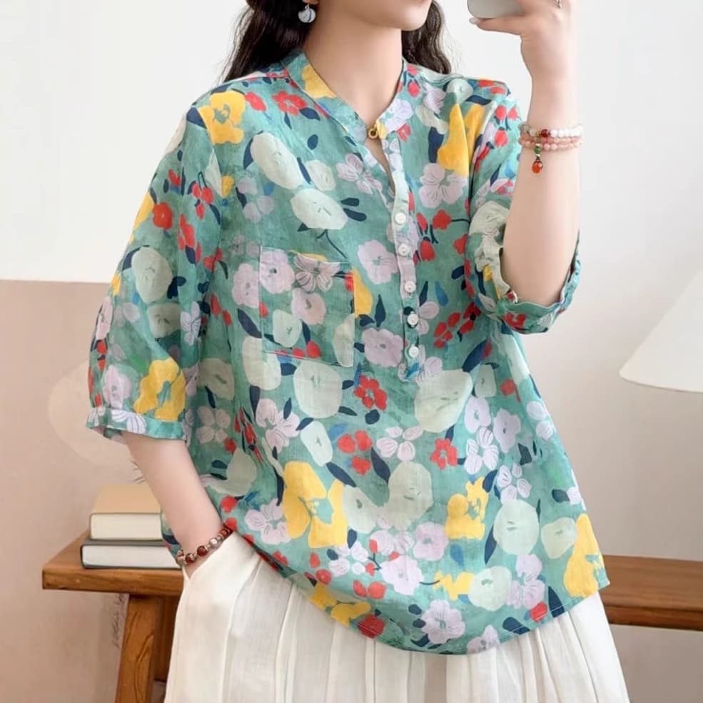 花柄 ファッション 水彩画風 七分袖シアーブラウス