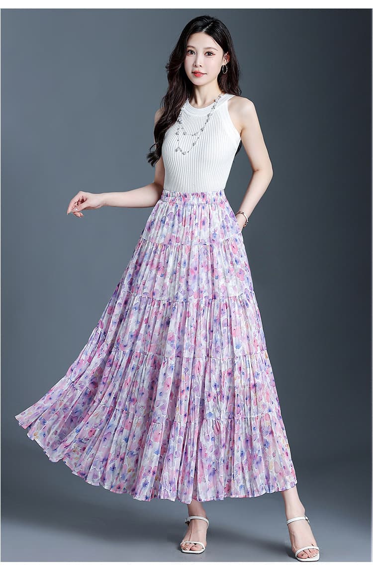 花柄 ファッション 花咲くプリーツマキシスカート