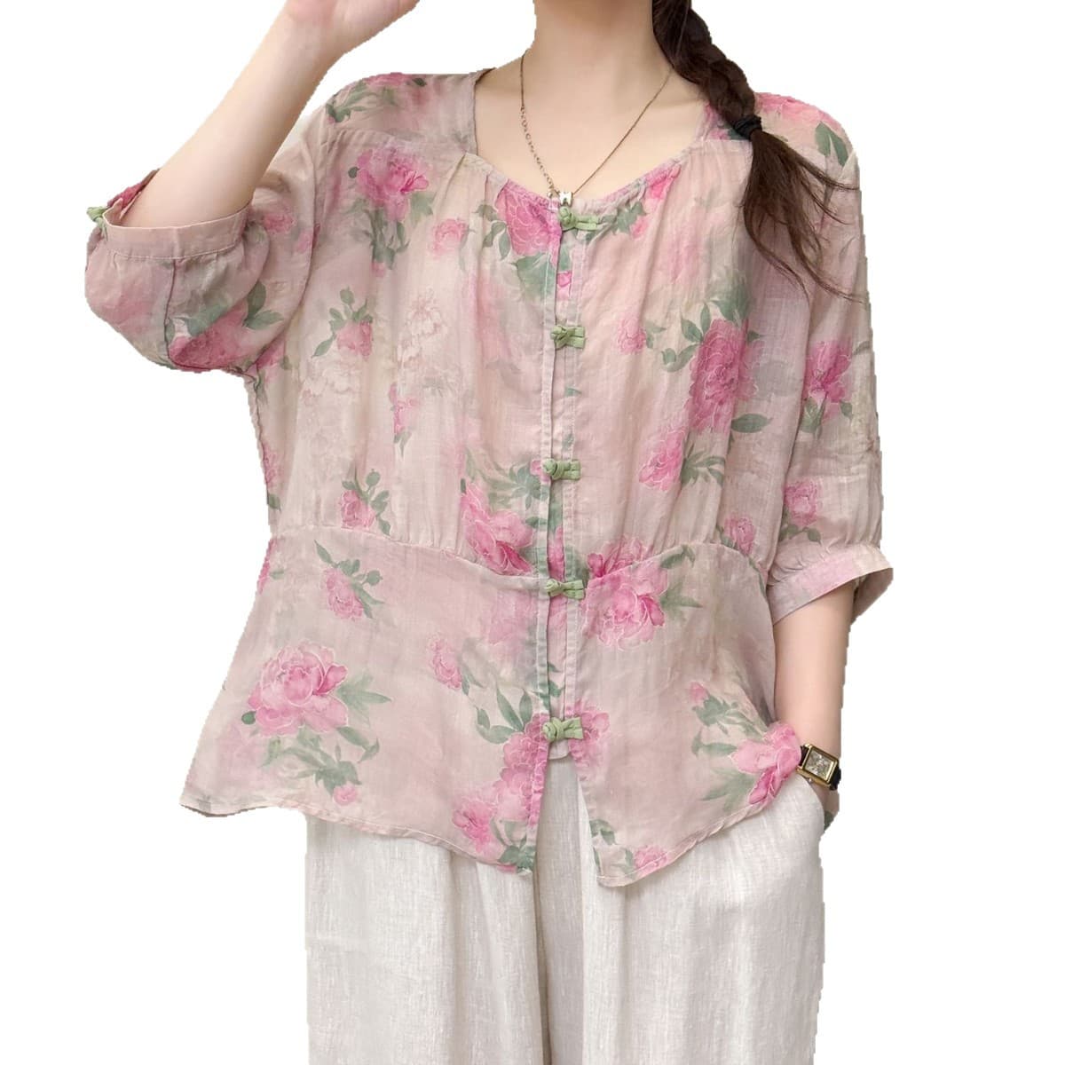 花柄 ファッション 優美な牡丹模様シアーブラウス