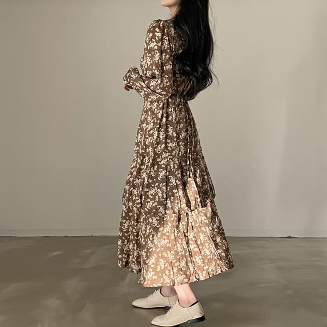花柄 ファッション 秋色優美 花柄ティアードワンピース