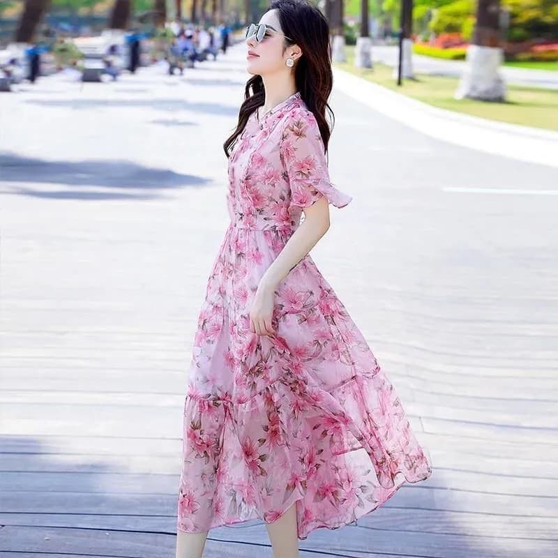花柄 ファッション 優美な桜舞うシフォンワンピース