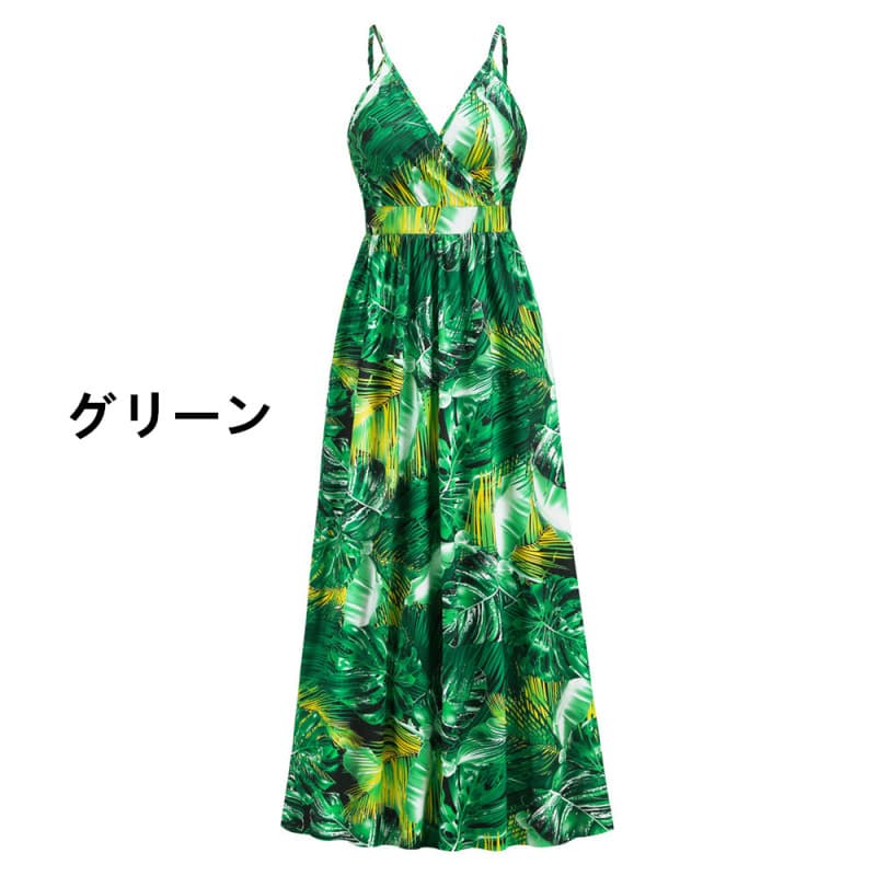 花柄 ファッション 南国リーフ柄 キャミソールマキシワンピース