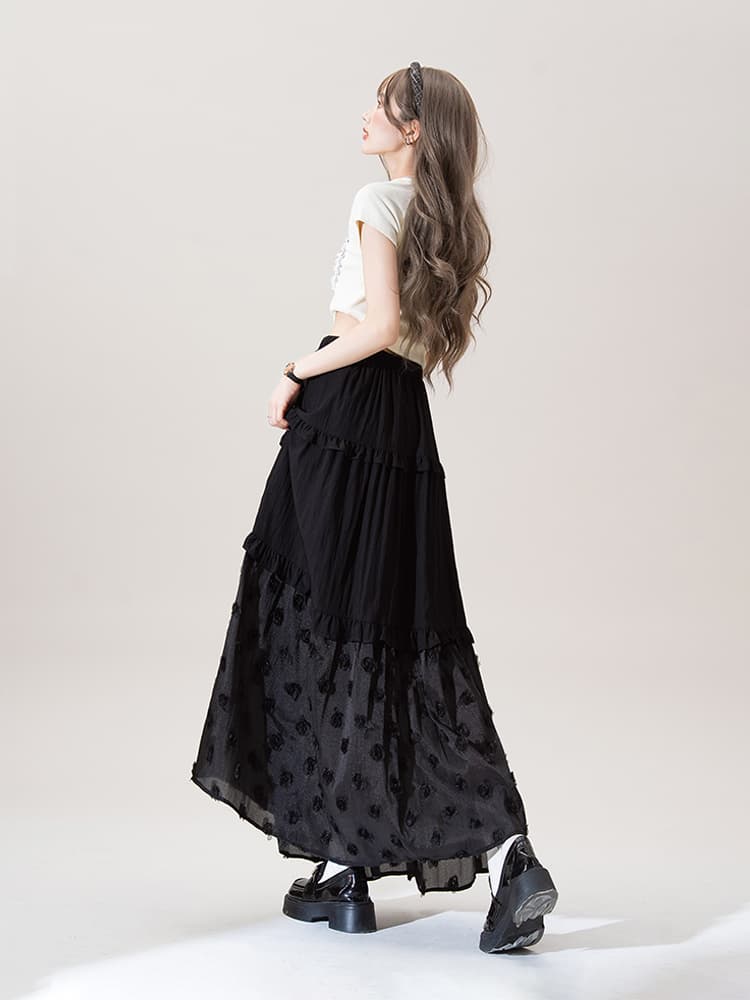 花柄 ファッション ティアード花刺繍ロングスカート