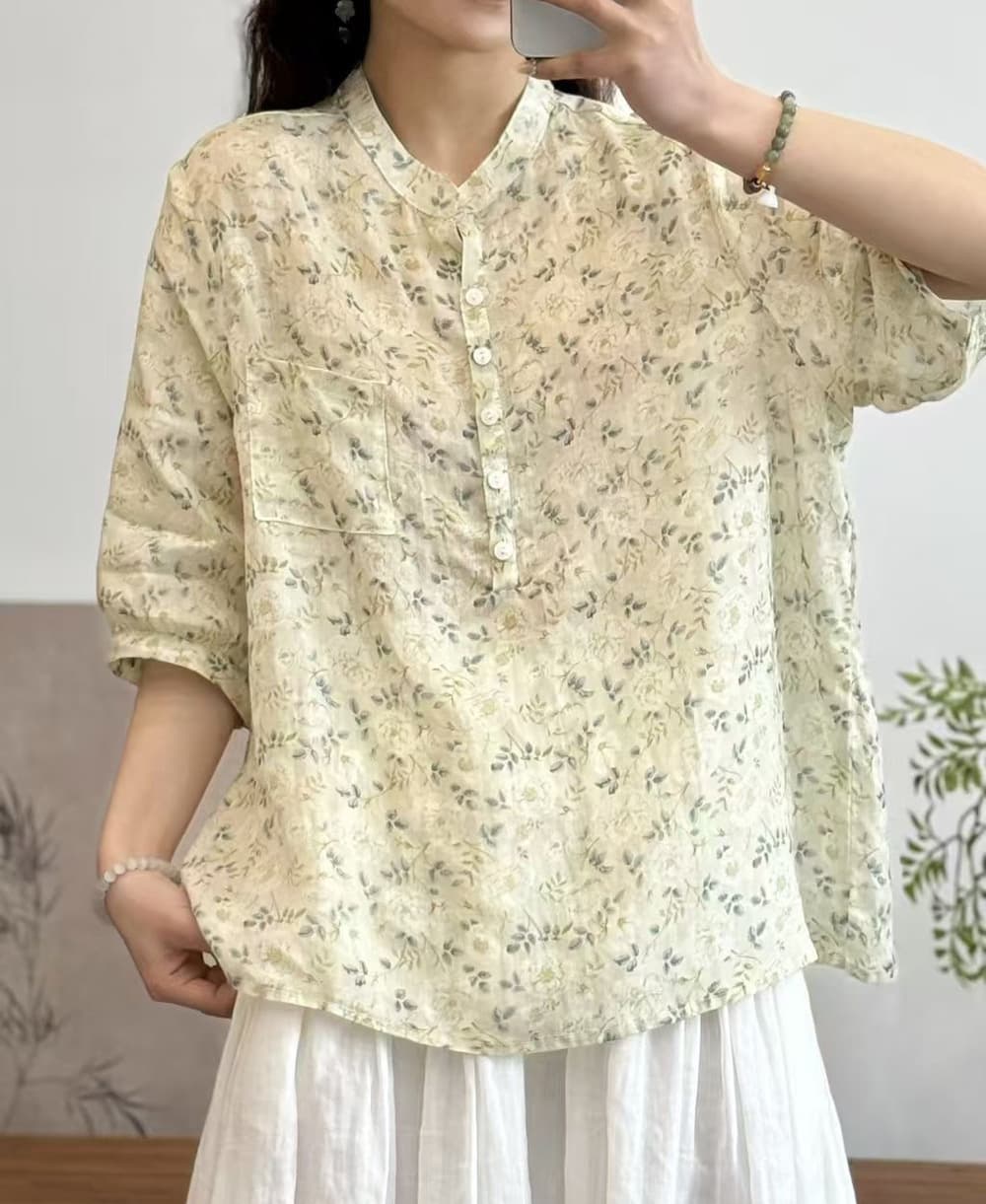 花柄 ファッション 水彩画風 七分袖シアーブラウス