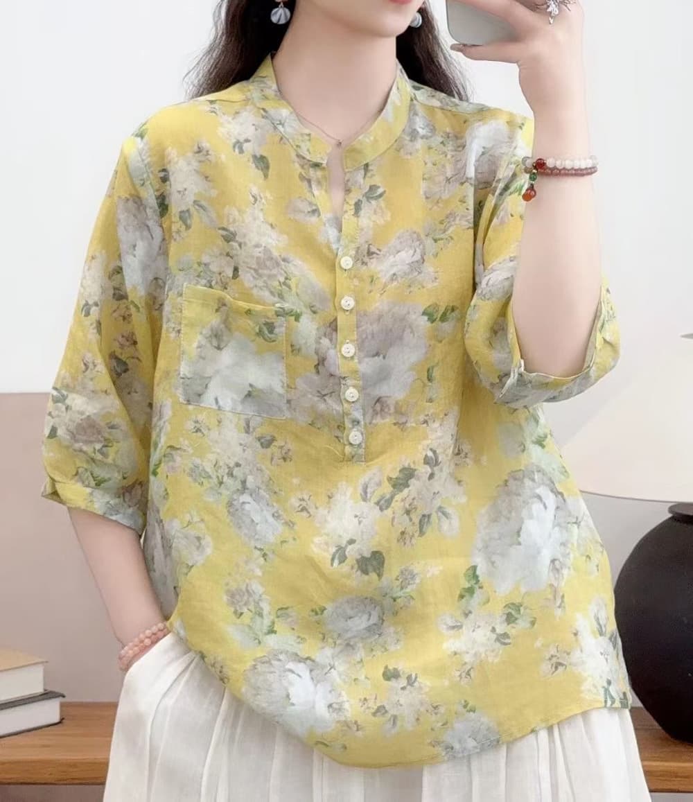 花柄 ファッション 水彩画風 七分袖シアーブラウス