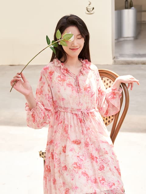花柄 ファッション 優美な花園フリルネックワンピース