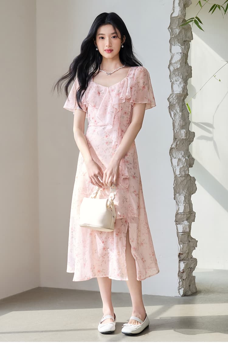 花柄 ファッション 優美フリルデザイン花柄ワンピース