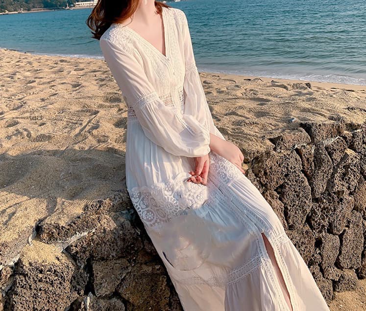 花柄 ファッション 優美レース花柄 ビーチマキシワンピース 夏リゾート向け 白