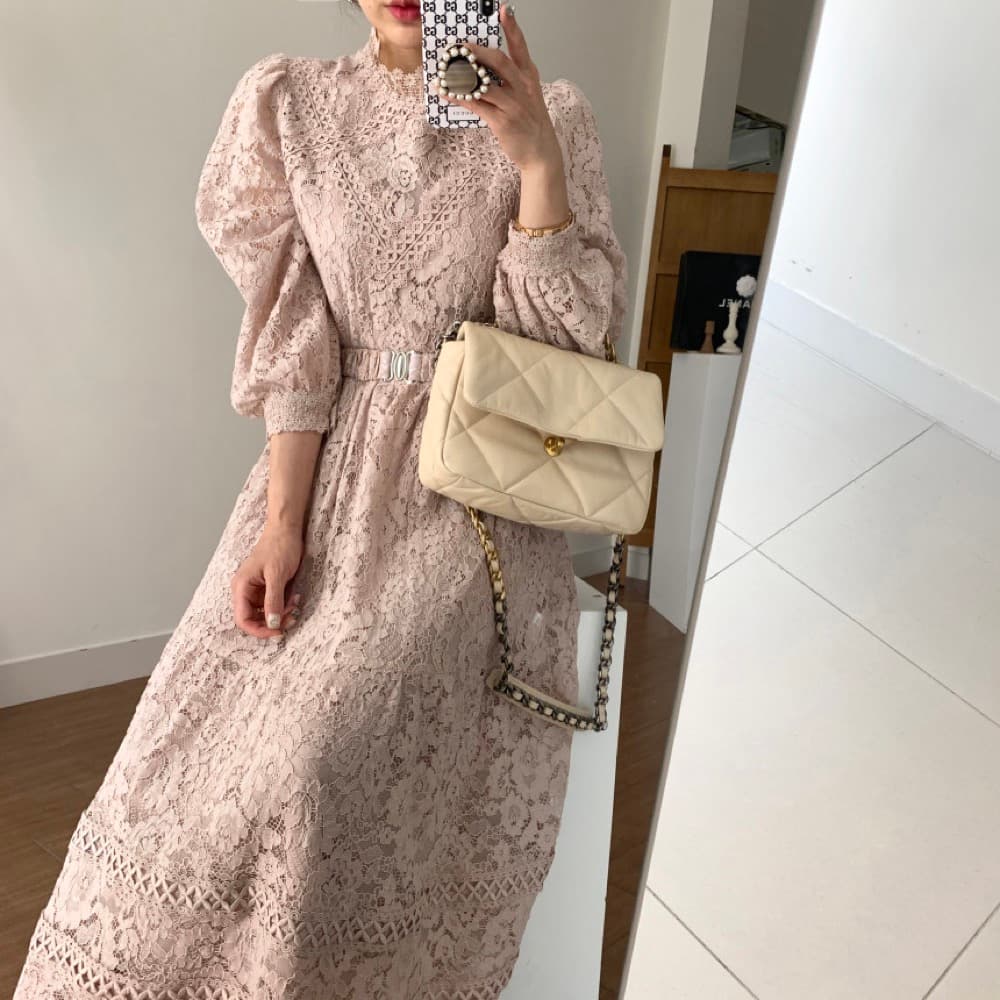 花柄 ファッション 花柄レース パフスリーブ ワンピース 宮廷風 レディース
