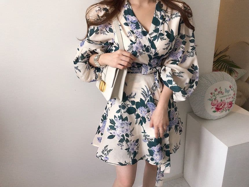 花柄 ファッション 上品な花柄 長袖ワンピース リボン付き エレガント 