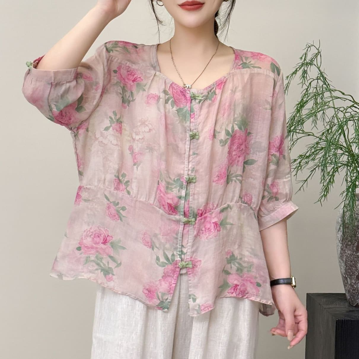 花柄 ファッション 優美な牡丹模様シアーブラウス
