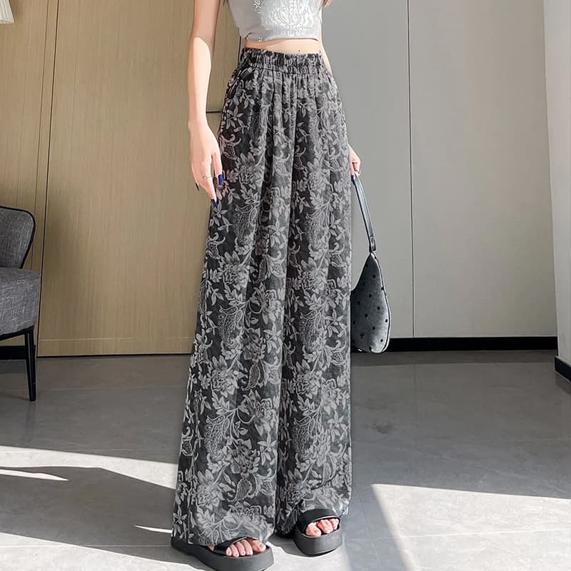 花柄 ファッション 優雅な花模様ワイドパンツ