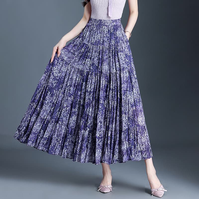 花柄 ファッション 花咲くプリーツマキシスカート