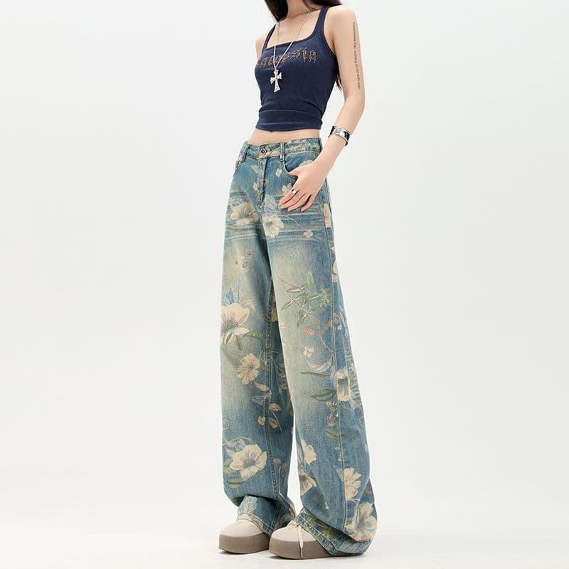 花柄 ファッション 優美な花咲くワイドデニムパンツ