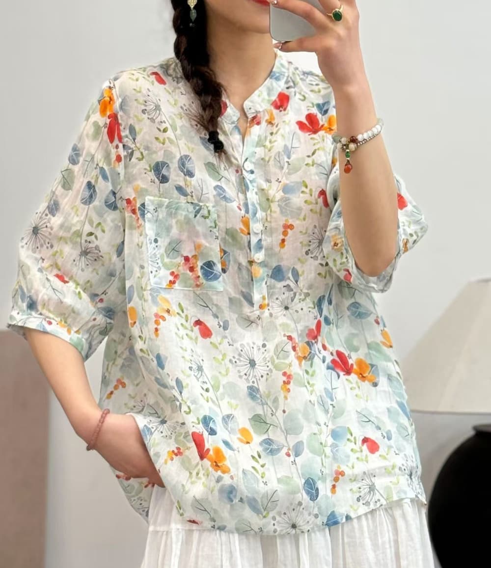 花柄 ファッション 水彩画風 七分袖シアーブラウス