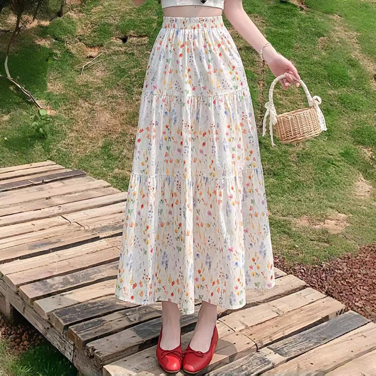 花柄 ファッション 野花散りばめティアードロングスカート