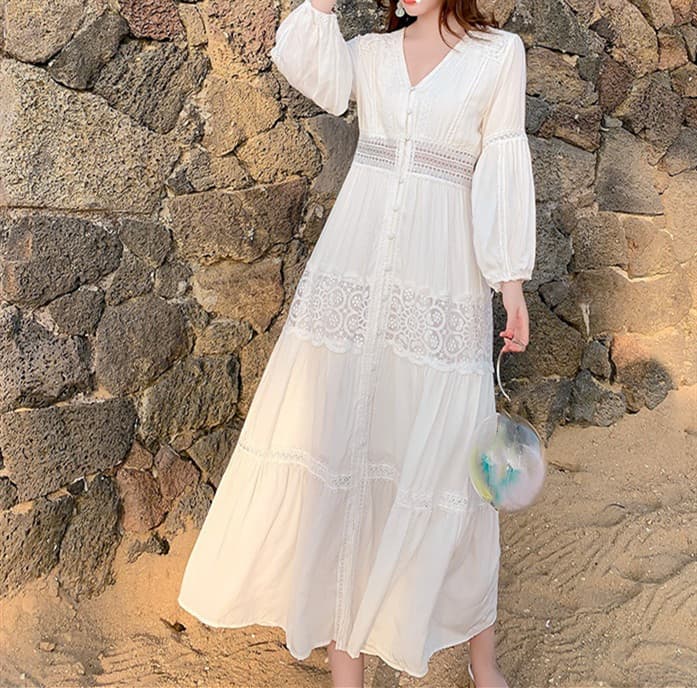 花柄 ファッション 優美レース花柄 ビーチマキシワンピース 夏リゾート向け 白