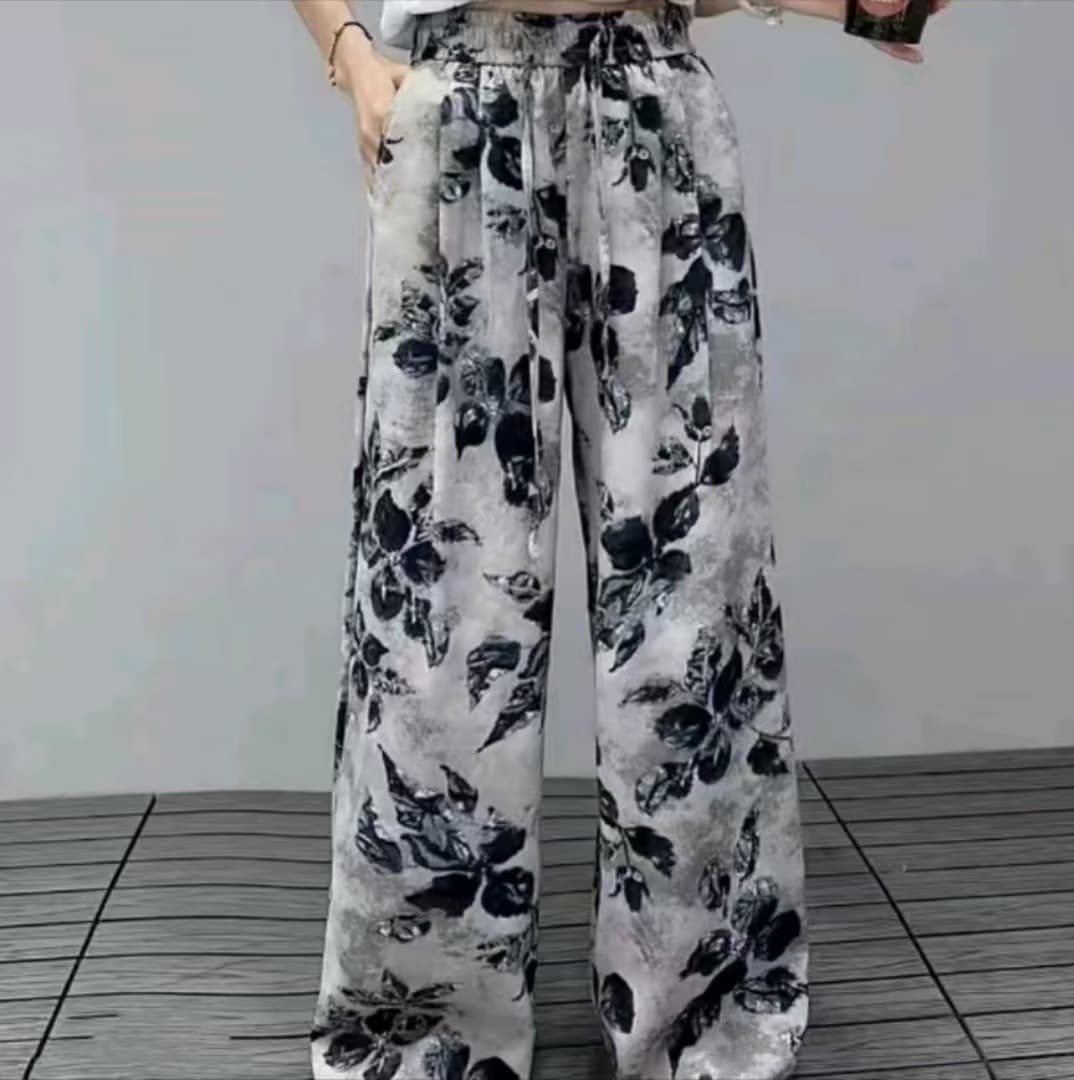 花柄 ファッション 墨絵風花柄ワイドパンツ
