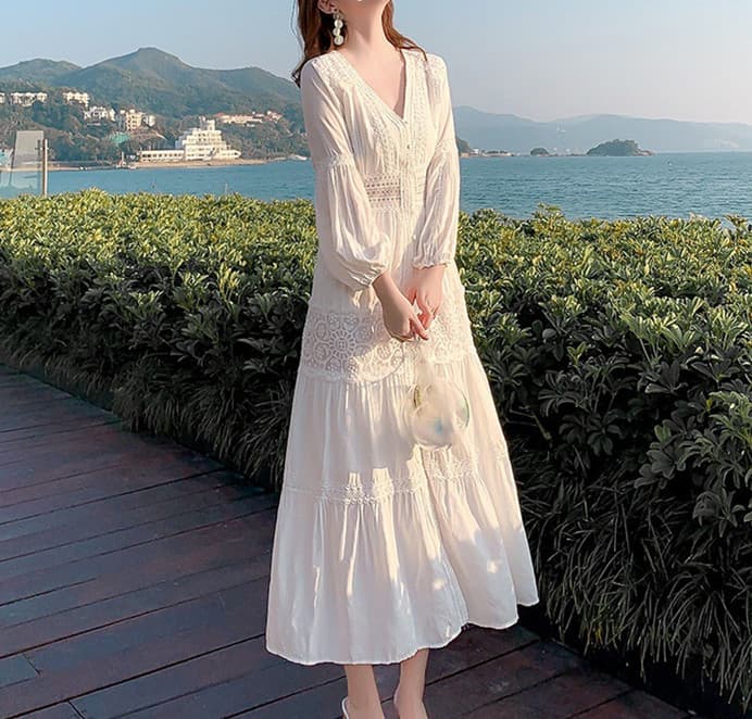 花柄 ファッション 優美レース花柄 ビーチマキシワンピース 夏リゾート向け 白