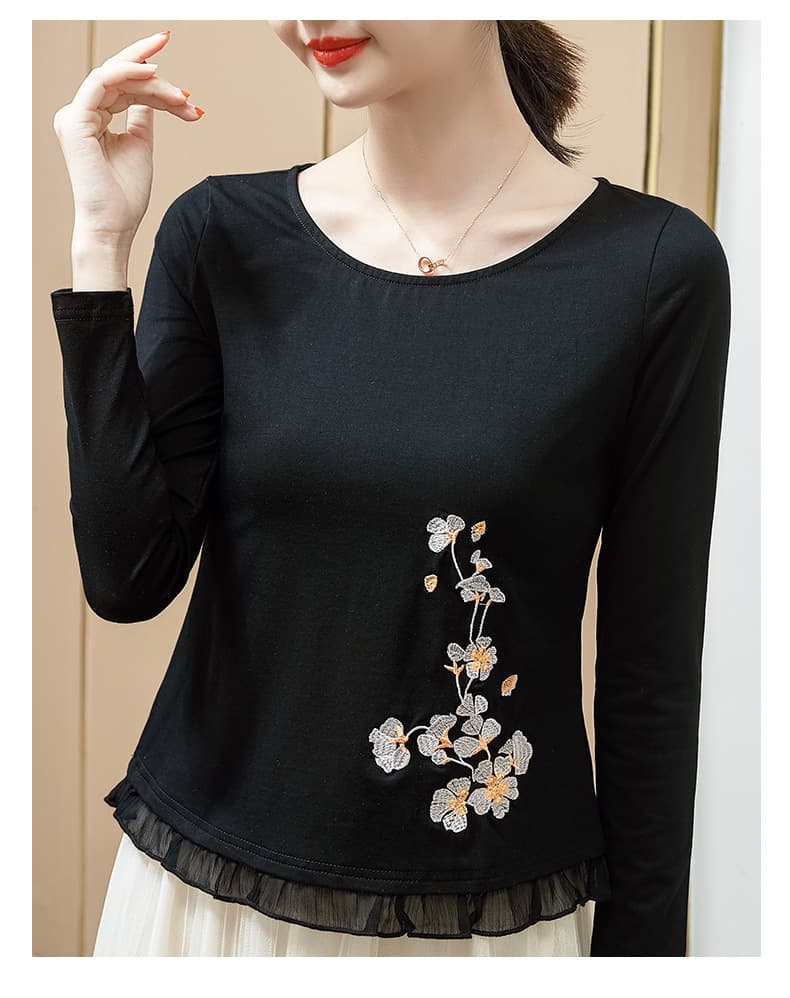 花柄 ファッション 繊細花刺繍 長袖フリルカットソー