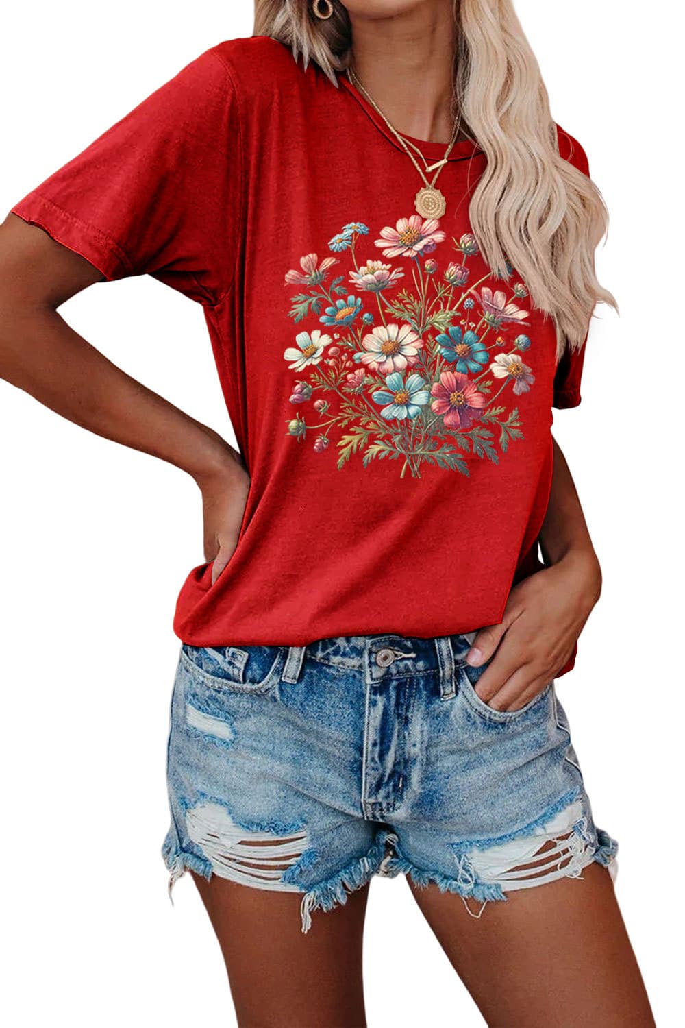 花柄 ファッション 野の花束 刺繍入り半袖カットソー