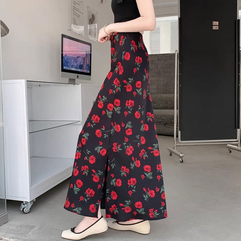花柄 ファッション バラ舞うマキシスカート