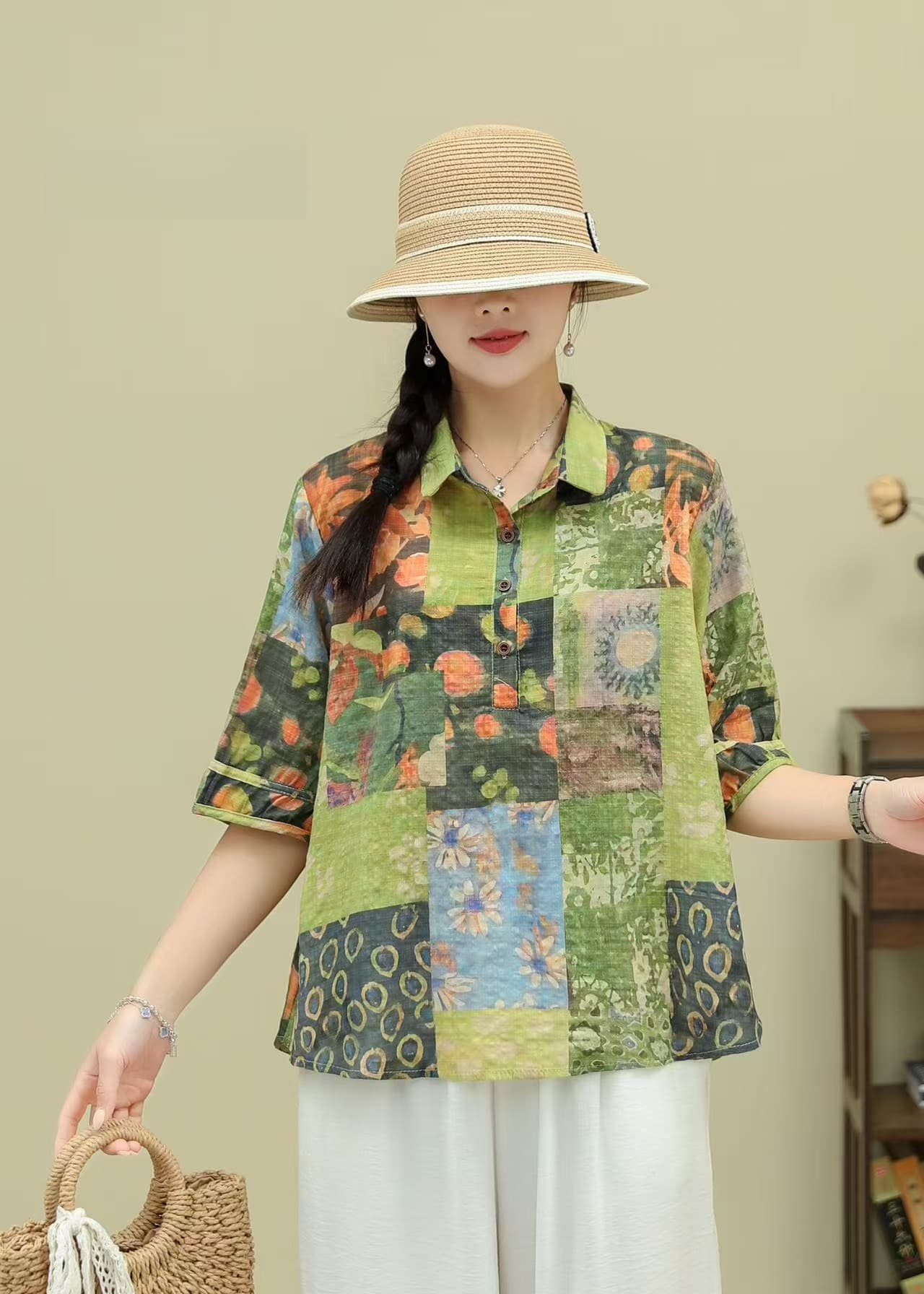 花柄 ファッション 水彩花園 五分袖プルオーバーブラウス
