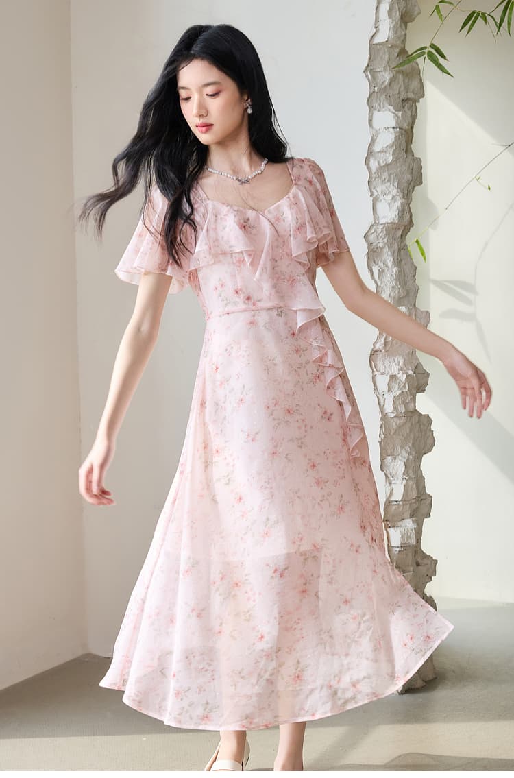 花柄 ファッション 優美フリルデザイン花柄ワンピース