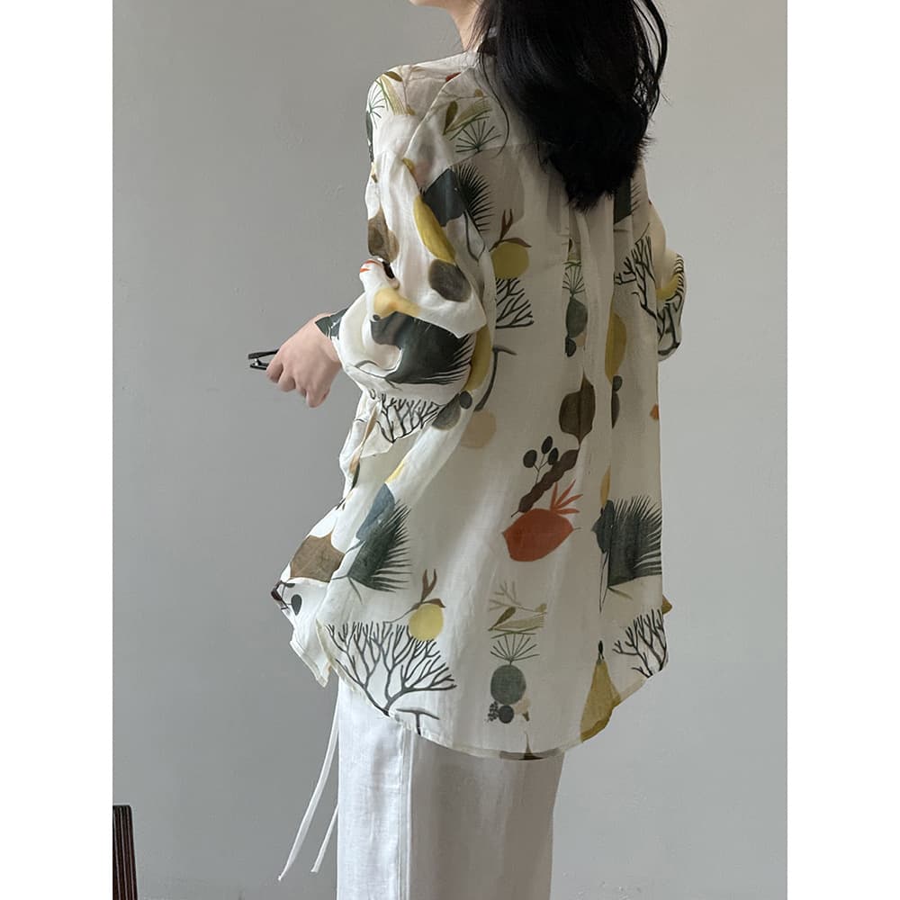 花柄 ファッション 自然模様の麻混ゆったりブラウス